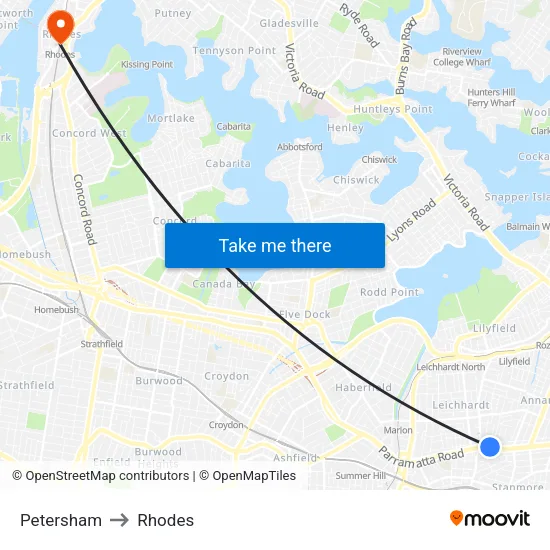 Petersham to Rhodes map