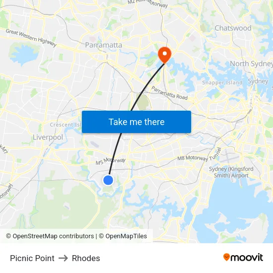 Picnic Point to Rhodes map