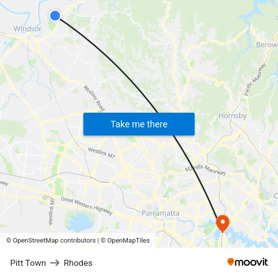 Pitt Town to Rhodes map