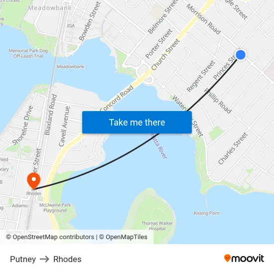 Putney to Rhodes map