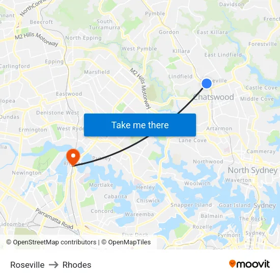 Roseville to Rhodes map