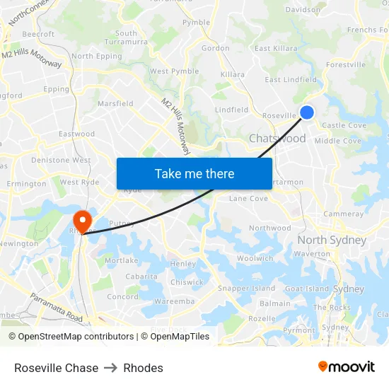 Roseville Chase to Rhodes map