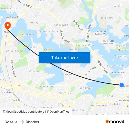 Rozelle to Rhodes map