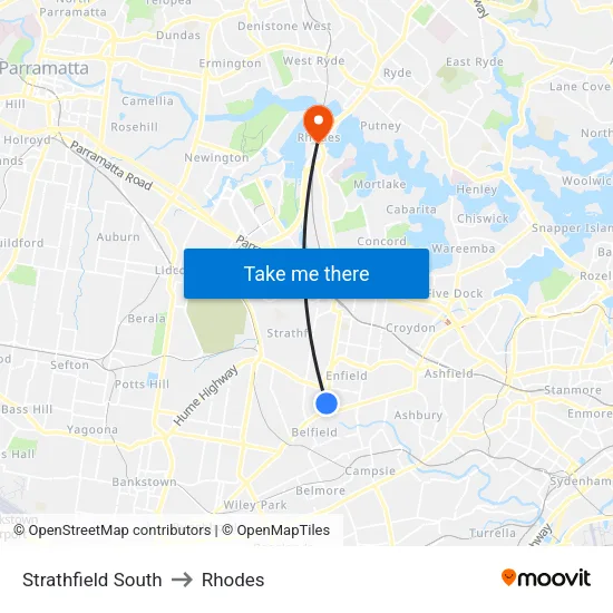 Strathfield South to Rhodes map