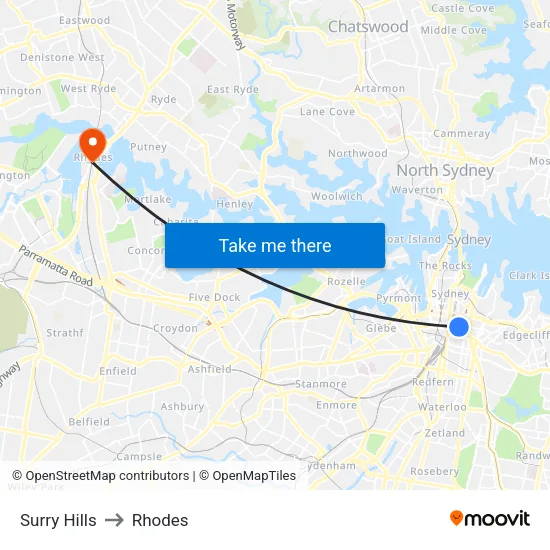 Surry Hills to Rhodes map
