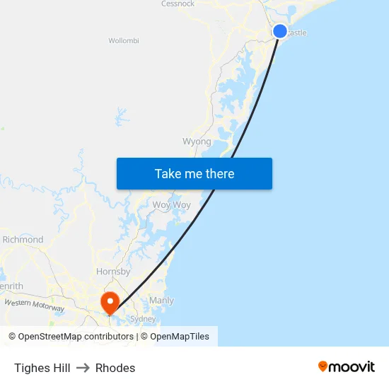 Tighes Hill to Rhodes map