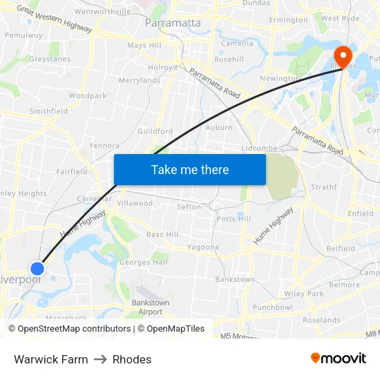 Warwick Farm to Rhodes map