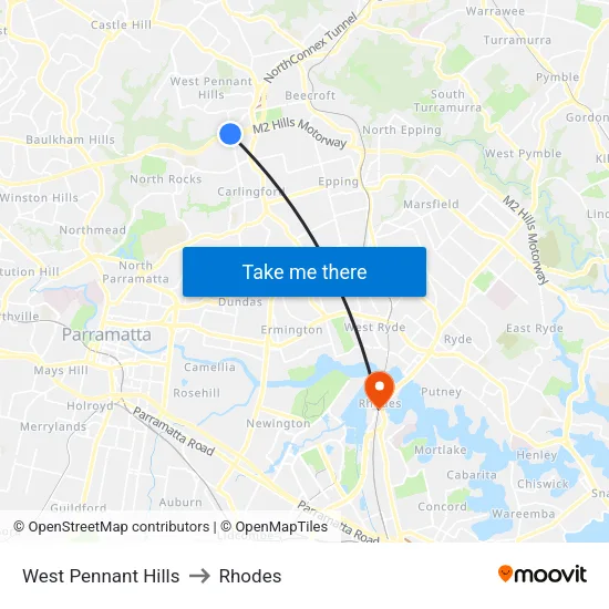 West Pennant Hills to Rhodes map