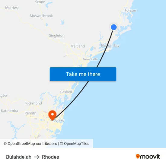 Bulahdelah to Rhodes map