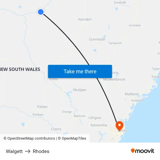 Walgett to Rhodes map