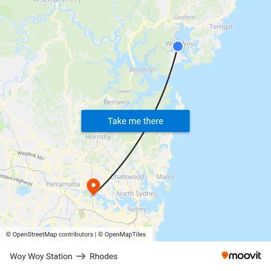Woy Woy Station to Rhodes map