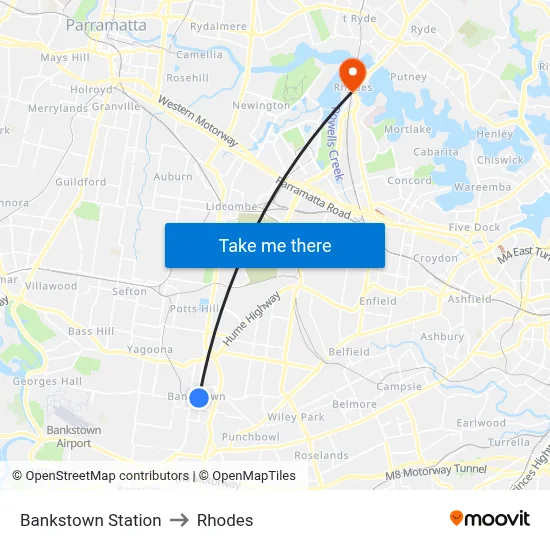 Bankstown Station to Rhodes map