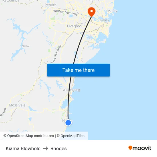 Kiama Blowhole to Rhodes map