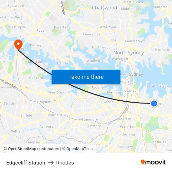 Edgecliff Station to Rhodes map