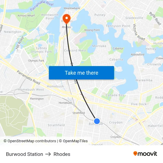 Burwood Station to Rhodes map