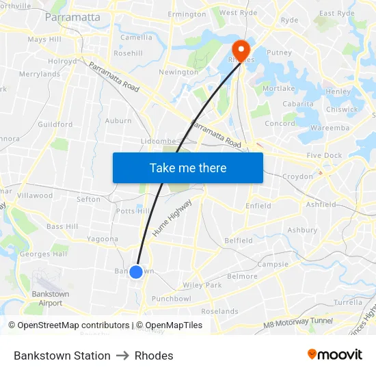 Bankstown Station to Rhodes map