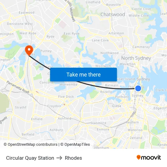 Circular Quay Station to Rhodes map