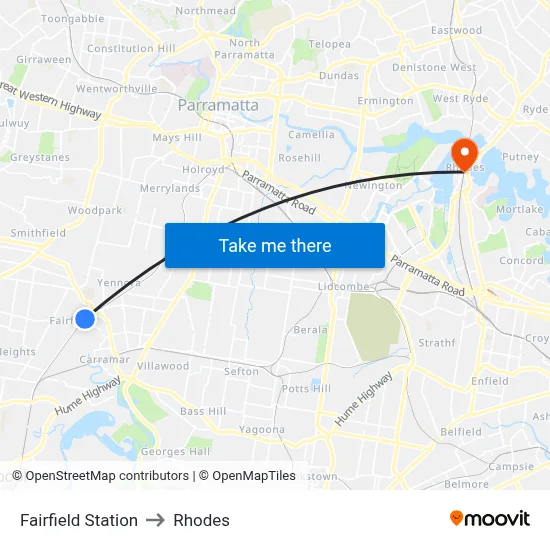 Fairfield Station to Rhodes map