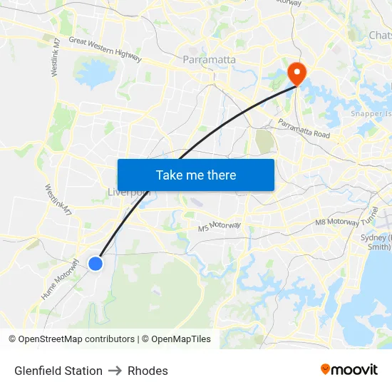 Glenfield Station to Rhodes map