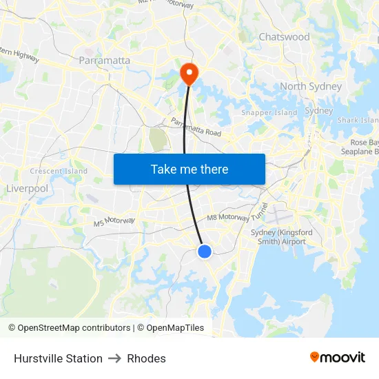 Hurstville Station to Rhodes map