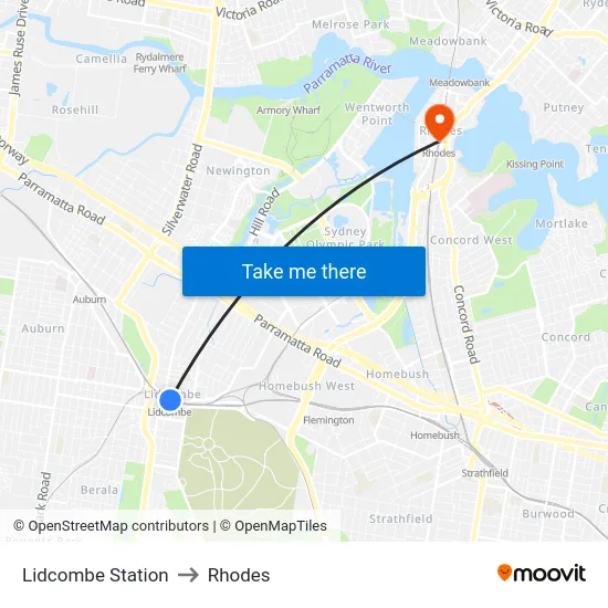 Lidcombe Station to Rhodes map