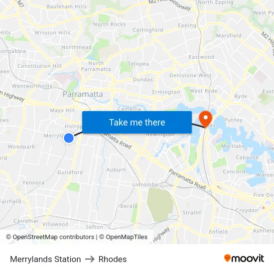 Merrylands Station to Rhodes map