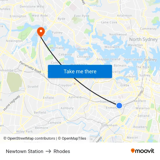 Newtown Station to Rhodes map