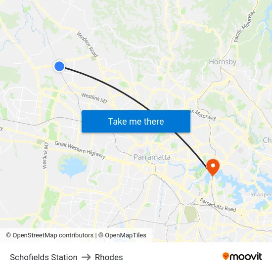 Schofields Station to Rhodes map