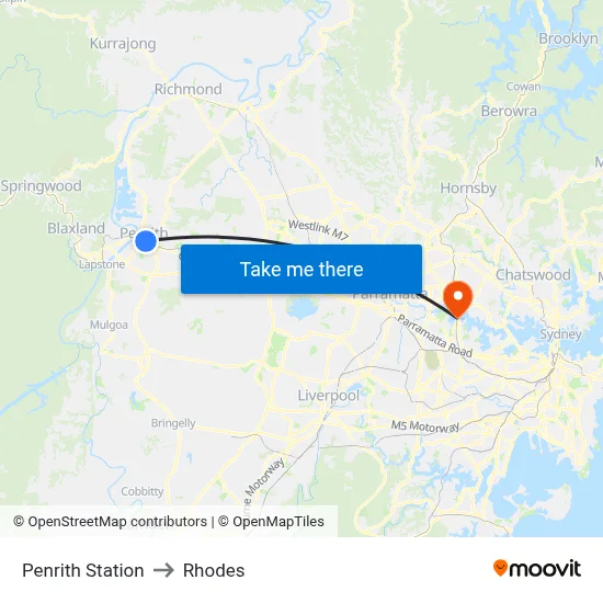 Penrith Station to Rhodes map