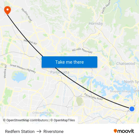 Redfern Station to Riverstone map