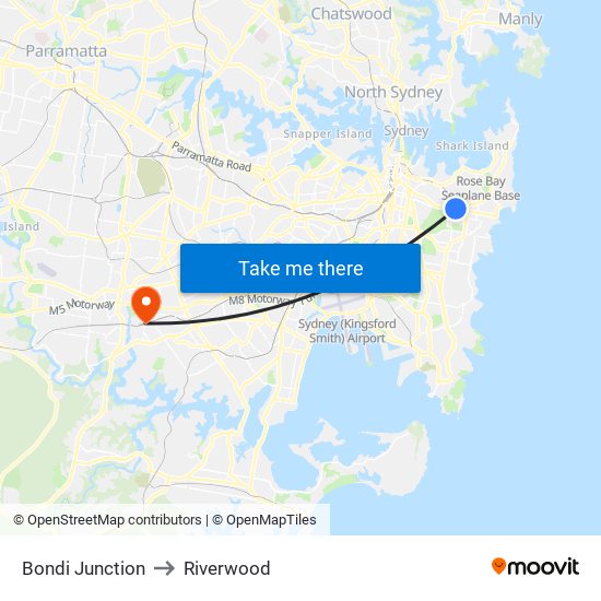 Bondi Junction to Riverwood map