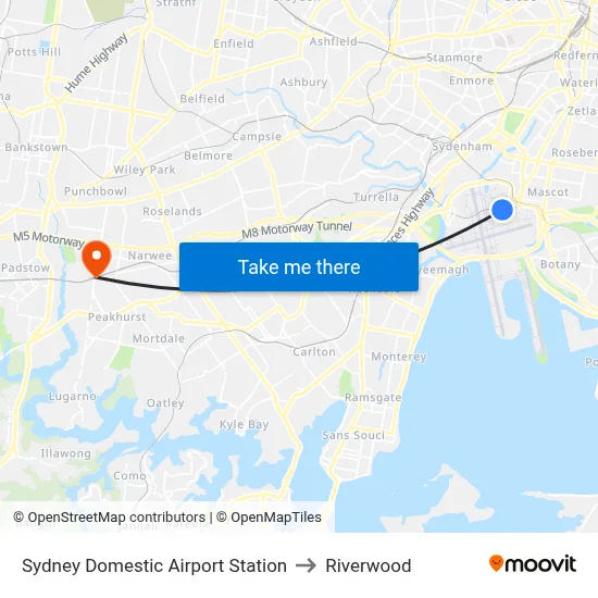 Sydney Domestic Airport Station to Riverwood map