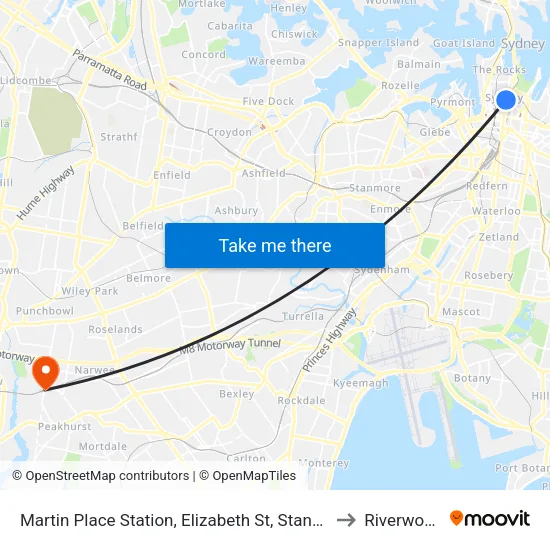 Martin Place Station, Elizabeth St, Stand E to Riverwood map