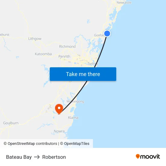 Bateau Bay to Robertson map