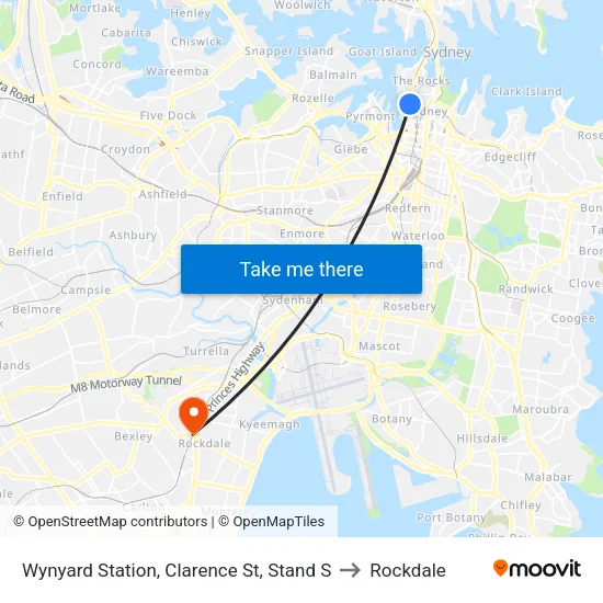 Wynyard Station, Clarence St, Stand S to Rockdale map
