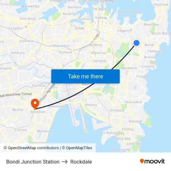 Bondi Junction Station to Rockdale map