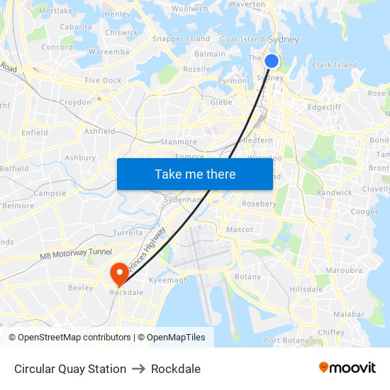 Circular Quay Station to Rockdale map