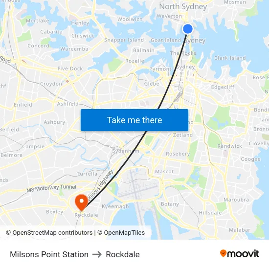 Milsons Point Station to Rockdale map
