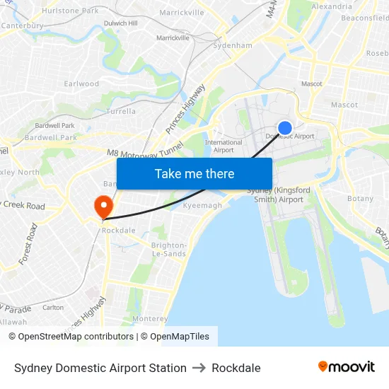 Sydney Domestic Airport Station to Rockdale map