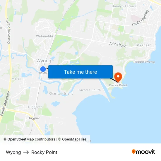 Wyong to Rocky Point map