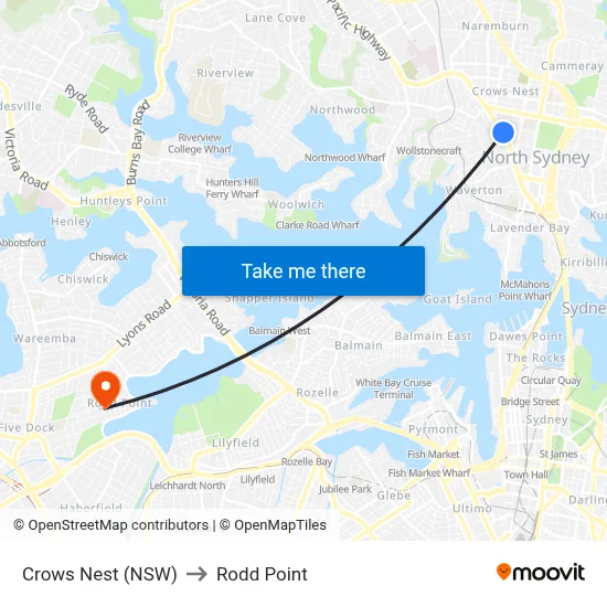 Crows Nest (NSW) to Rodd Point map