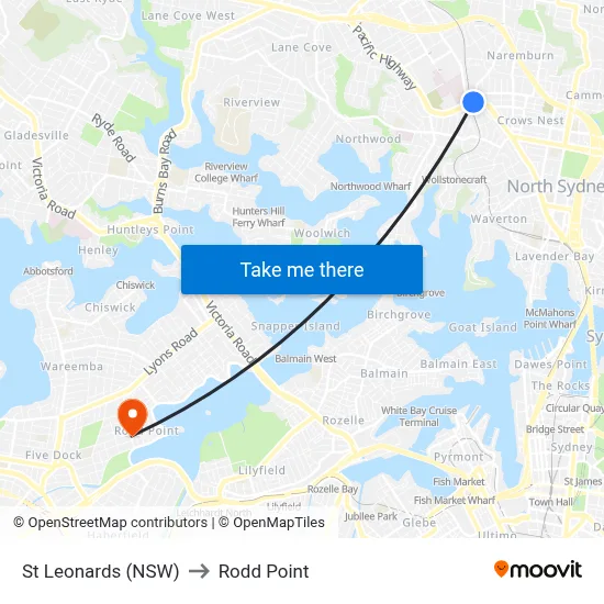 St Leonards (NSW) to Rodd Point map