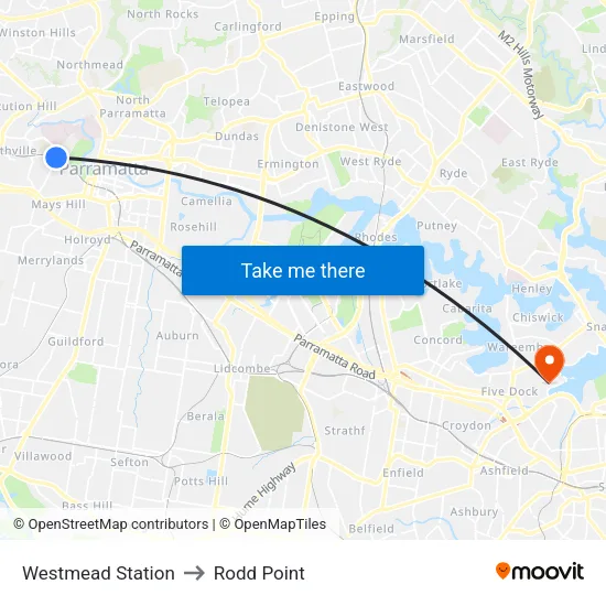 Westmead Station to Rodd Point map