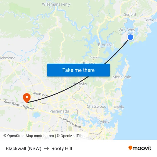 Blackwall (NSW) to Rooty Hill map