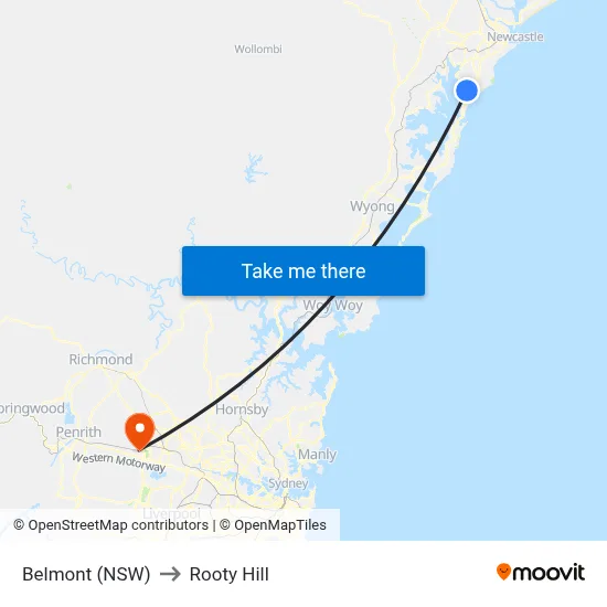Belmont (NSW) to Rooty Hill map