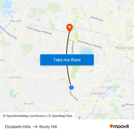 Elizabeth Hills to Rooty Hill map