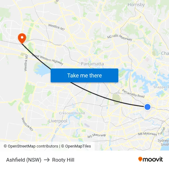 Ashfield (NSW) to Rooty Hill map