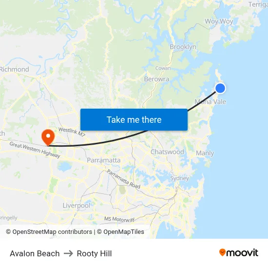 Avalon Beach to Rooty Hill map