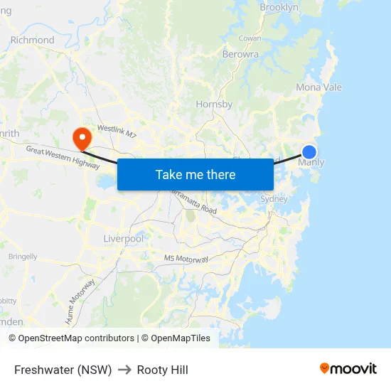 Freshwater (NSW) to Rooty Hill map