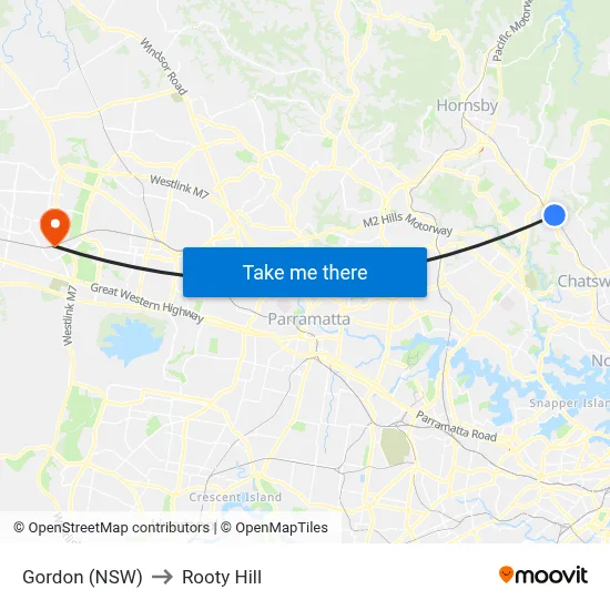 Gordon (NSW) to Rooty Hill map